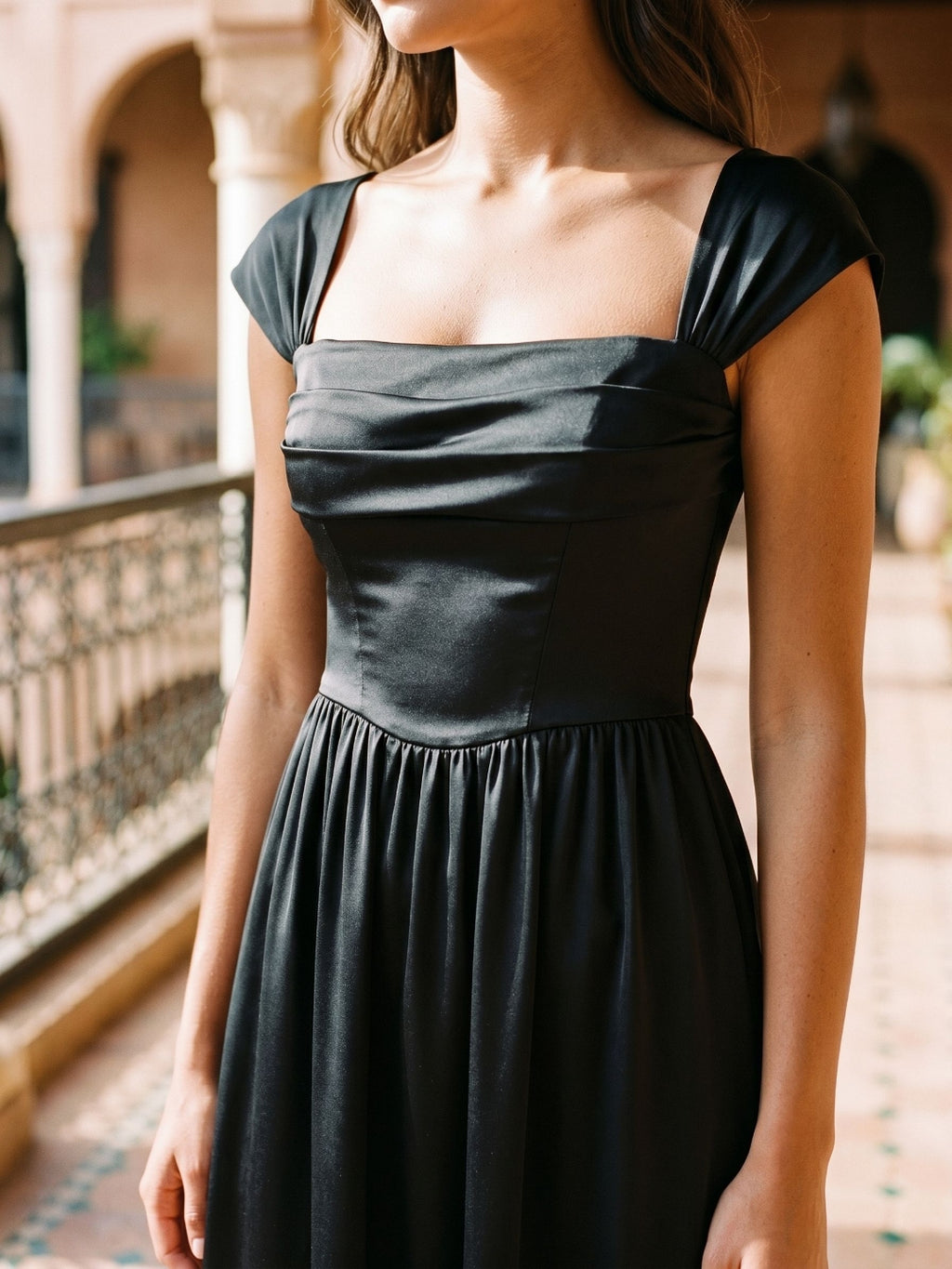 Black Satin A-Line Square Neck Lace-Up Back Floor-Length Party Dress with Pockets