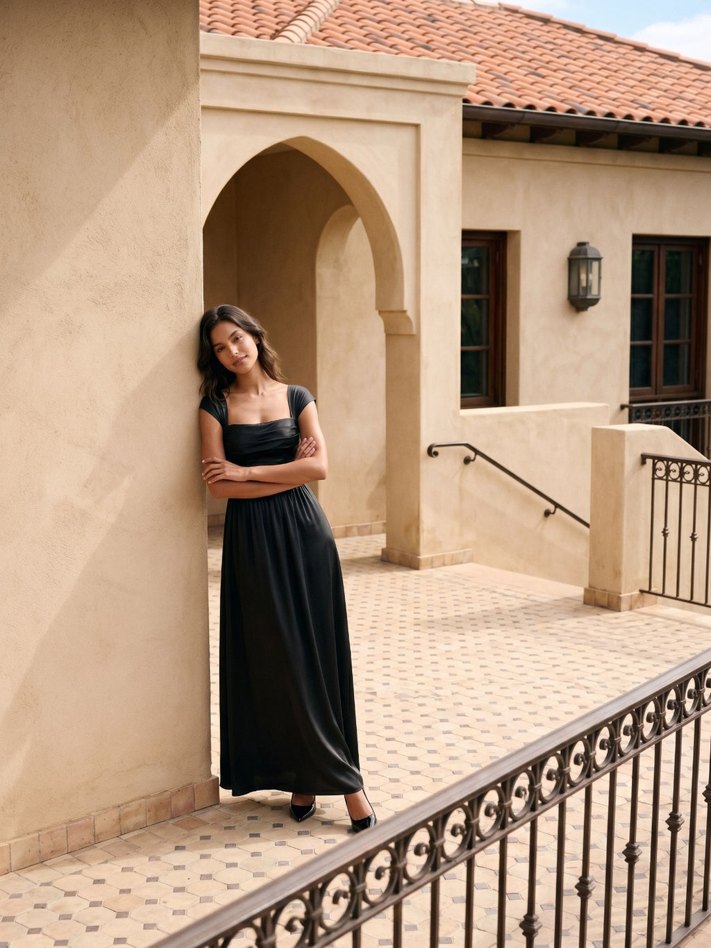 Black Satin A-Line Square Neck Lace-Up Back Floor-Length Party Dress with Pockets