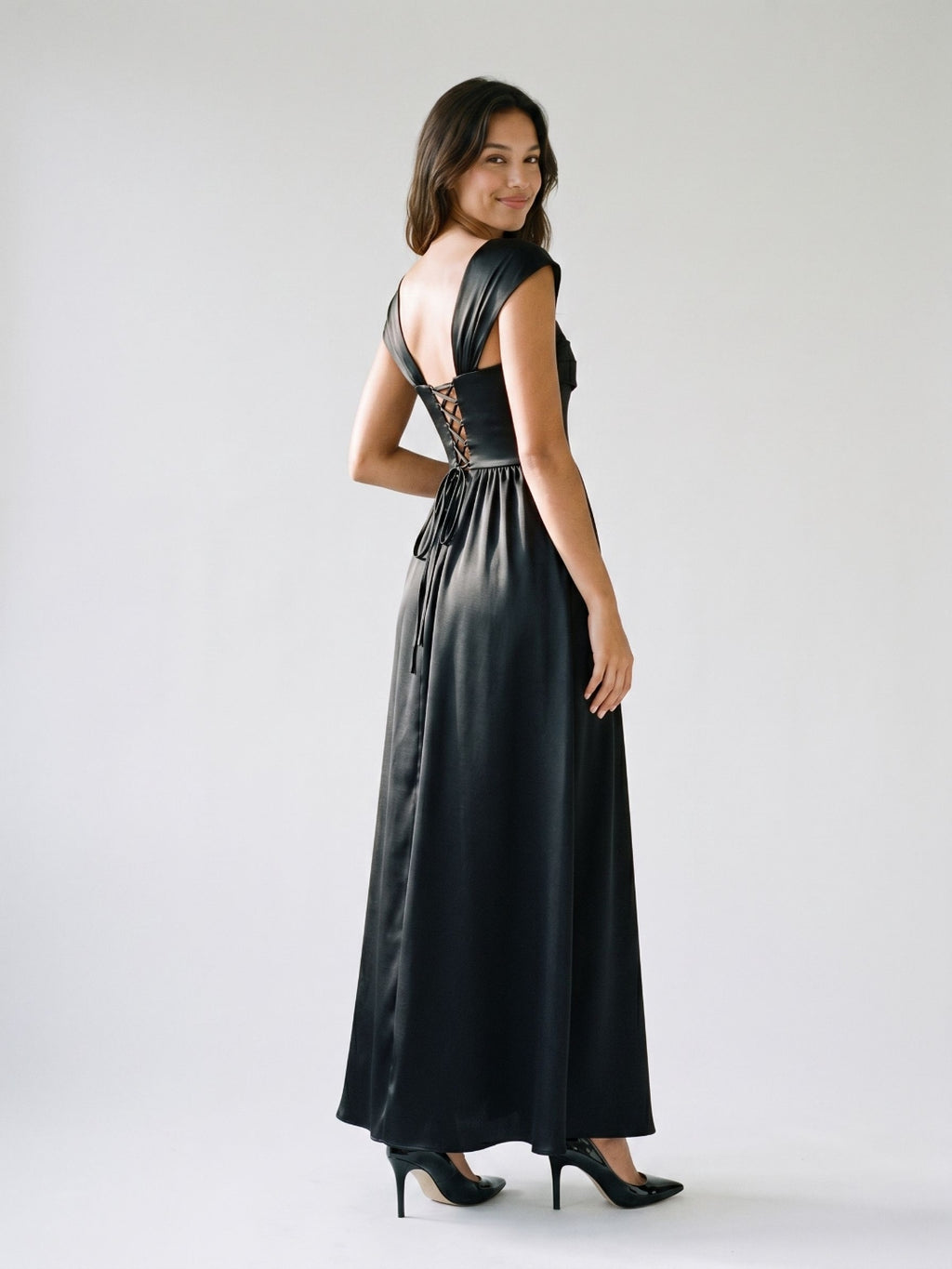 Black Satin A-Line Square Neck Lace-Up Back Floor-Length Party Dress with Pockets