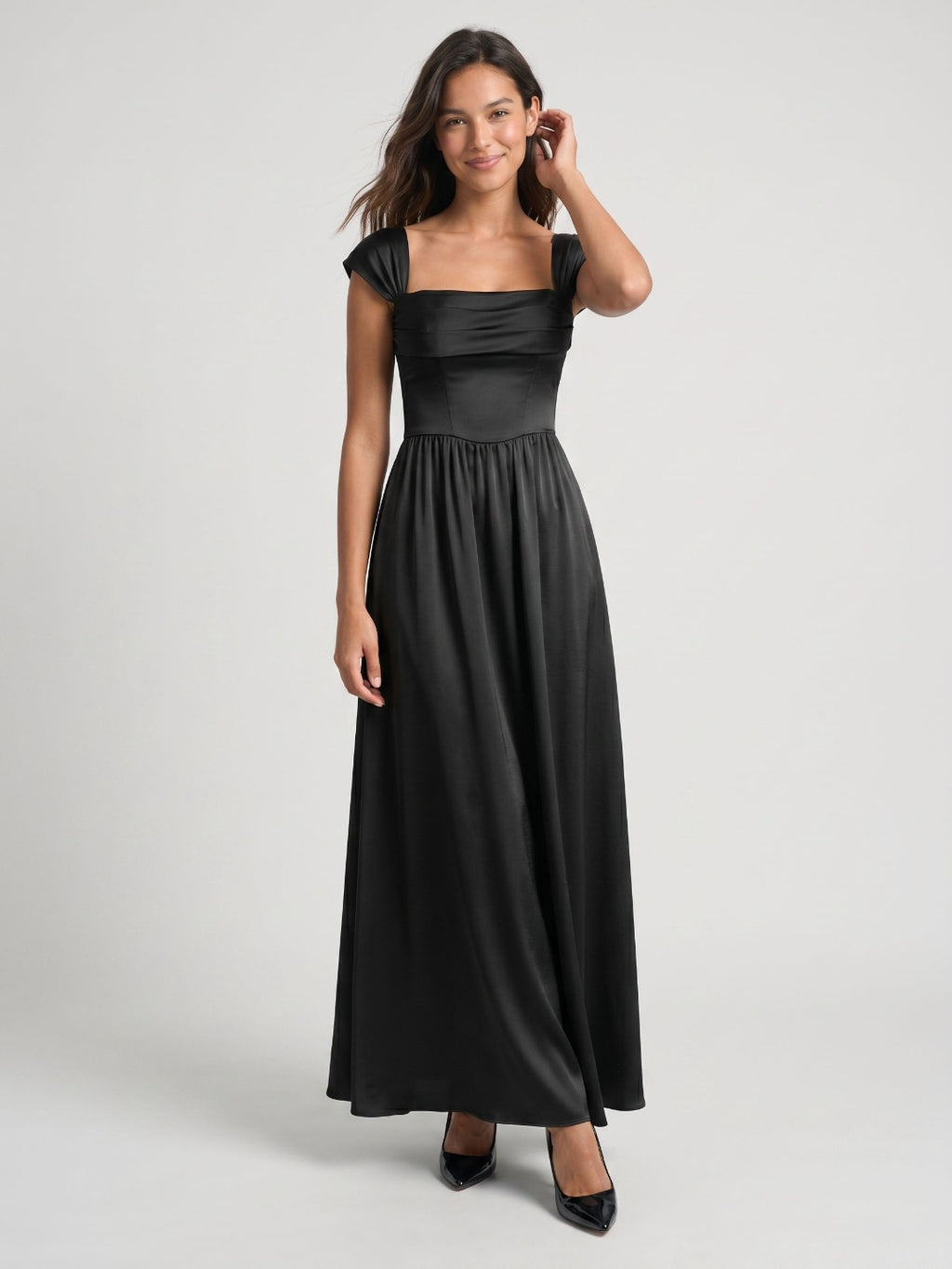 Black Satin A-Line Square Neck Lace-Up Back Floor-Length Party Dress with Pockets