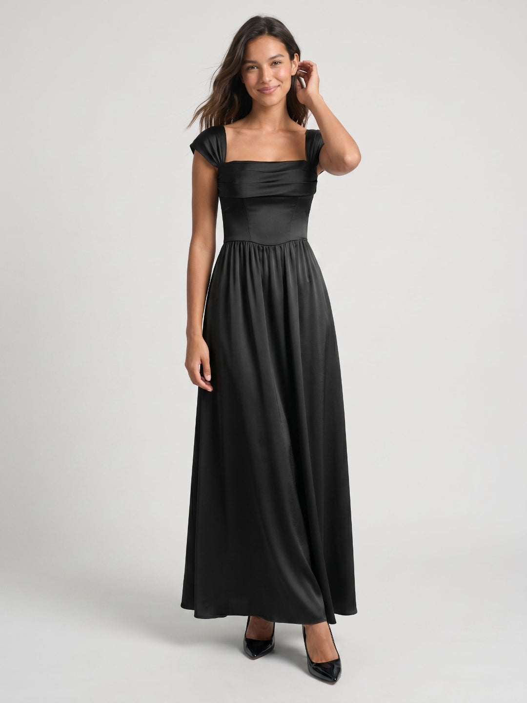 Black Satin A-Line Square Neck Lace-Up Back Floor-Length Party Dress with Pockets