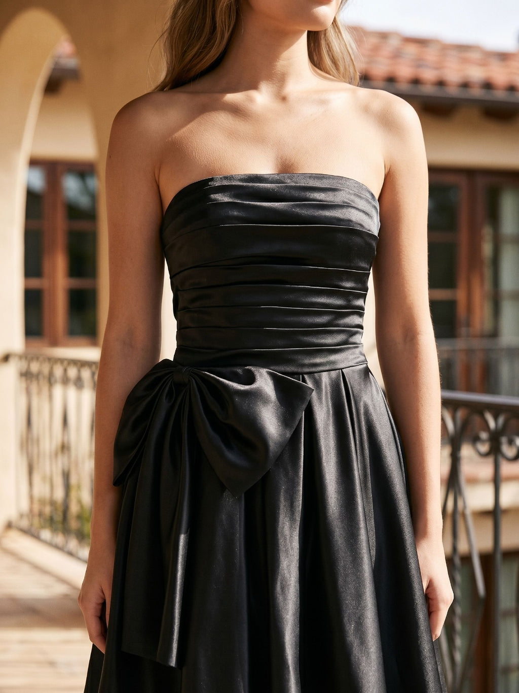 Black Satin A-Line Straight Neck Back Zip Short Party Dress with Bow