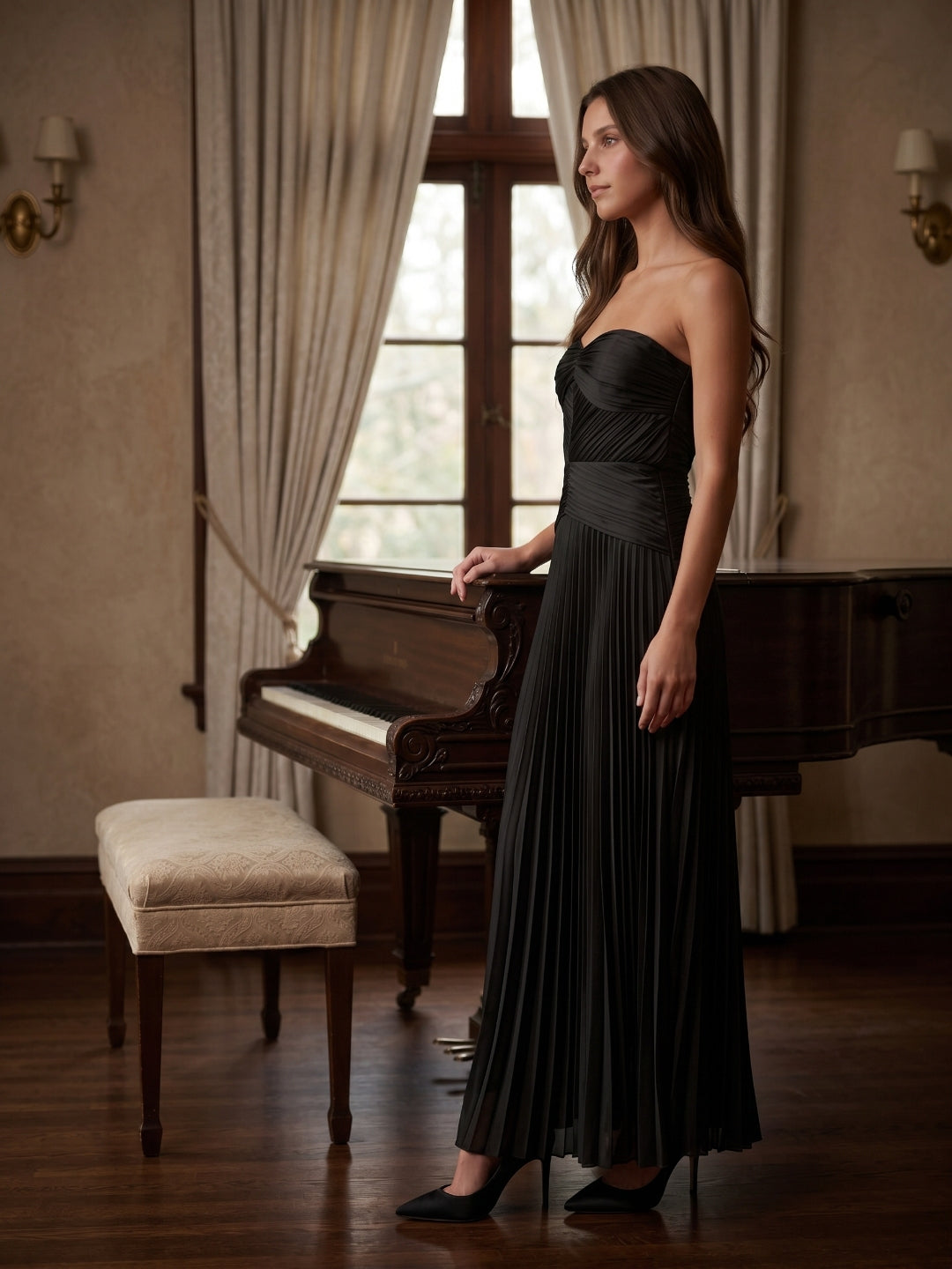Black Satin A-Line Straight Neck Backless Floor-Length Pleated Bridesmaid Dress