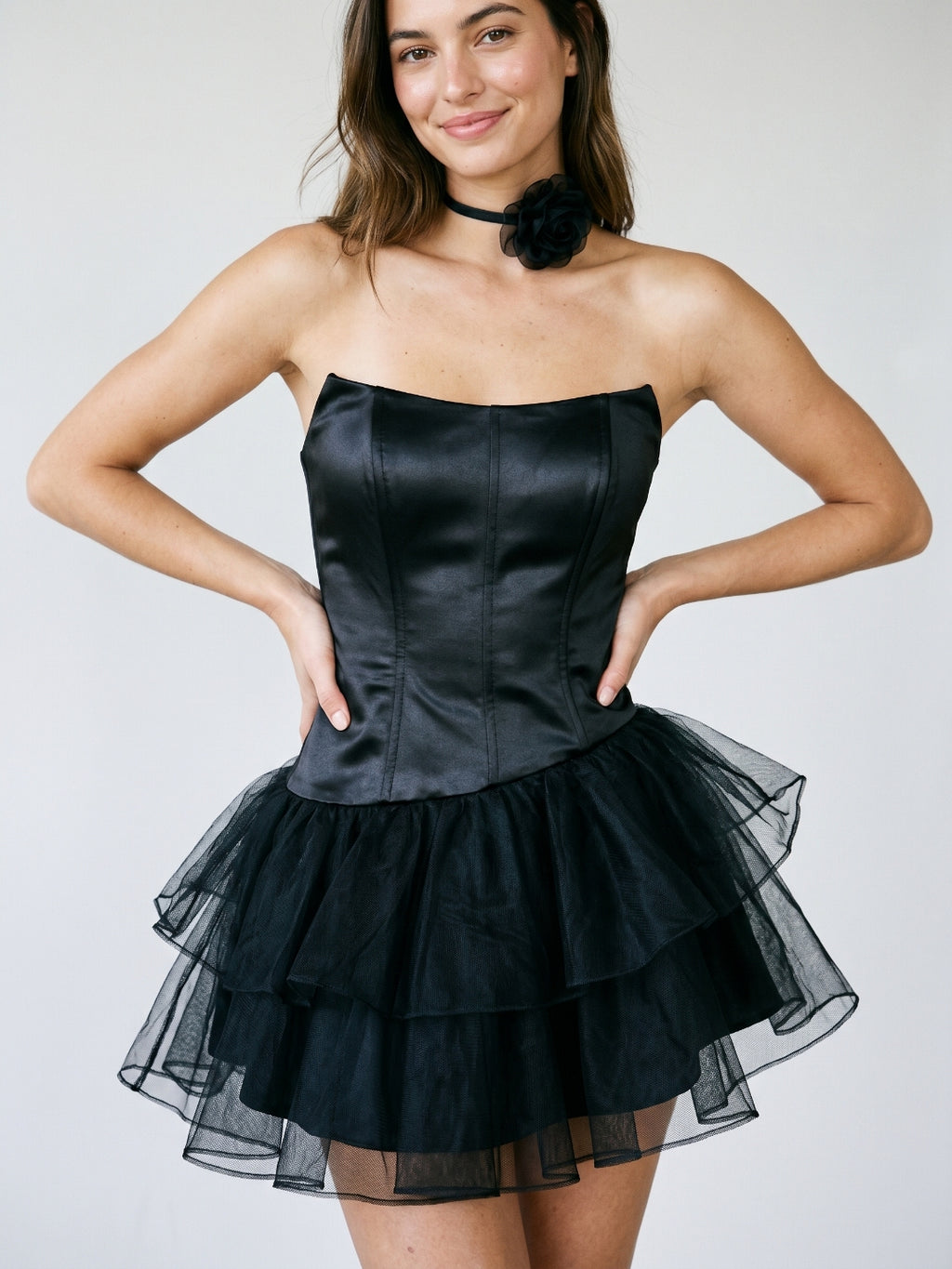 Black Satin A-Line Straight Neck Backless Short Homecoming Dress with Cascading Ruffles