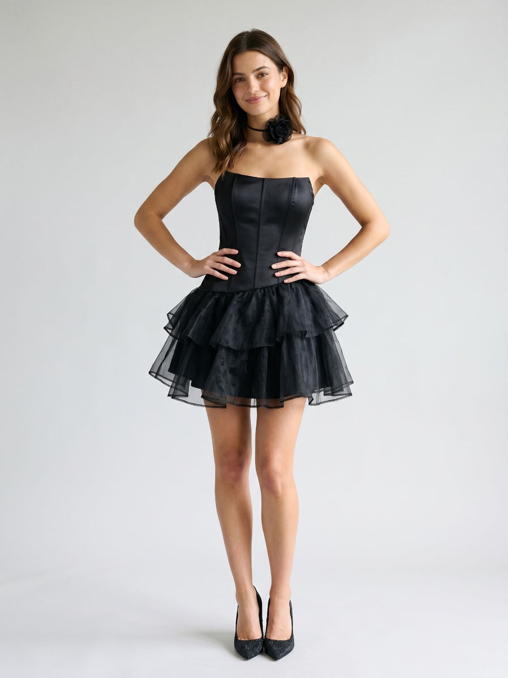 Black Satin A-Line Straight Neck Backless Short Homecoming Dress with Cascading Ruffles