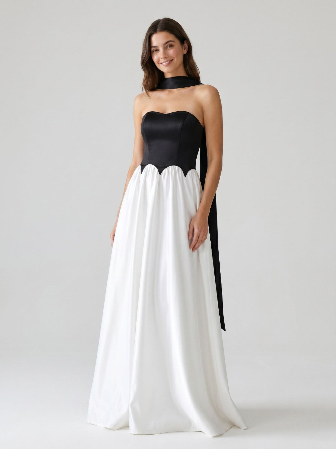 Black Satin A-Line Sweetheart Back Zip Floor-Length Dress