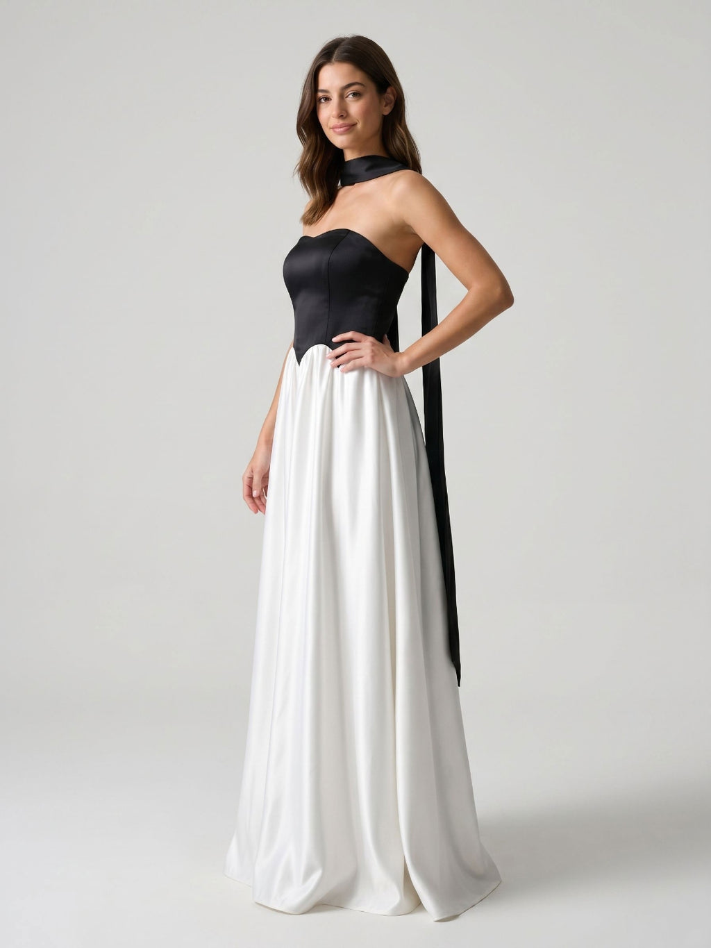 Black Satin A-Line Sweetheart Back Zip Floor-Length Dress