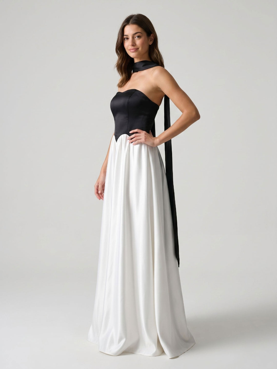 Black Satin A-Line Sweetheart Back Zip Floor-Length Dress