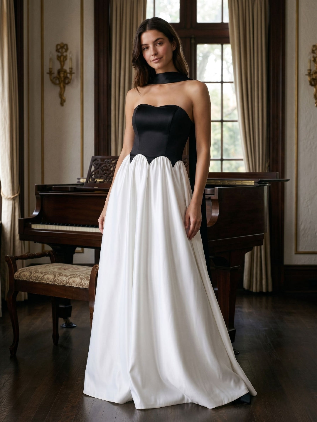 Black Satin A-Line Sweetheart Back Zip Floor-Length Dress