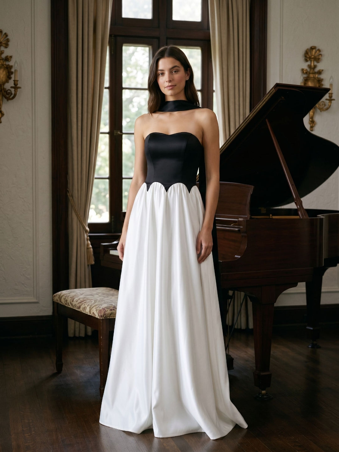 Black Satin A-Line Sweetheart Back Zip Floor-Length Dress