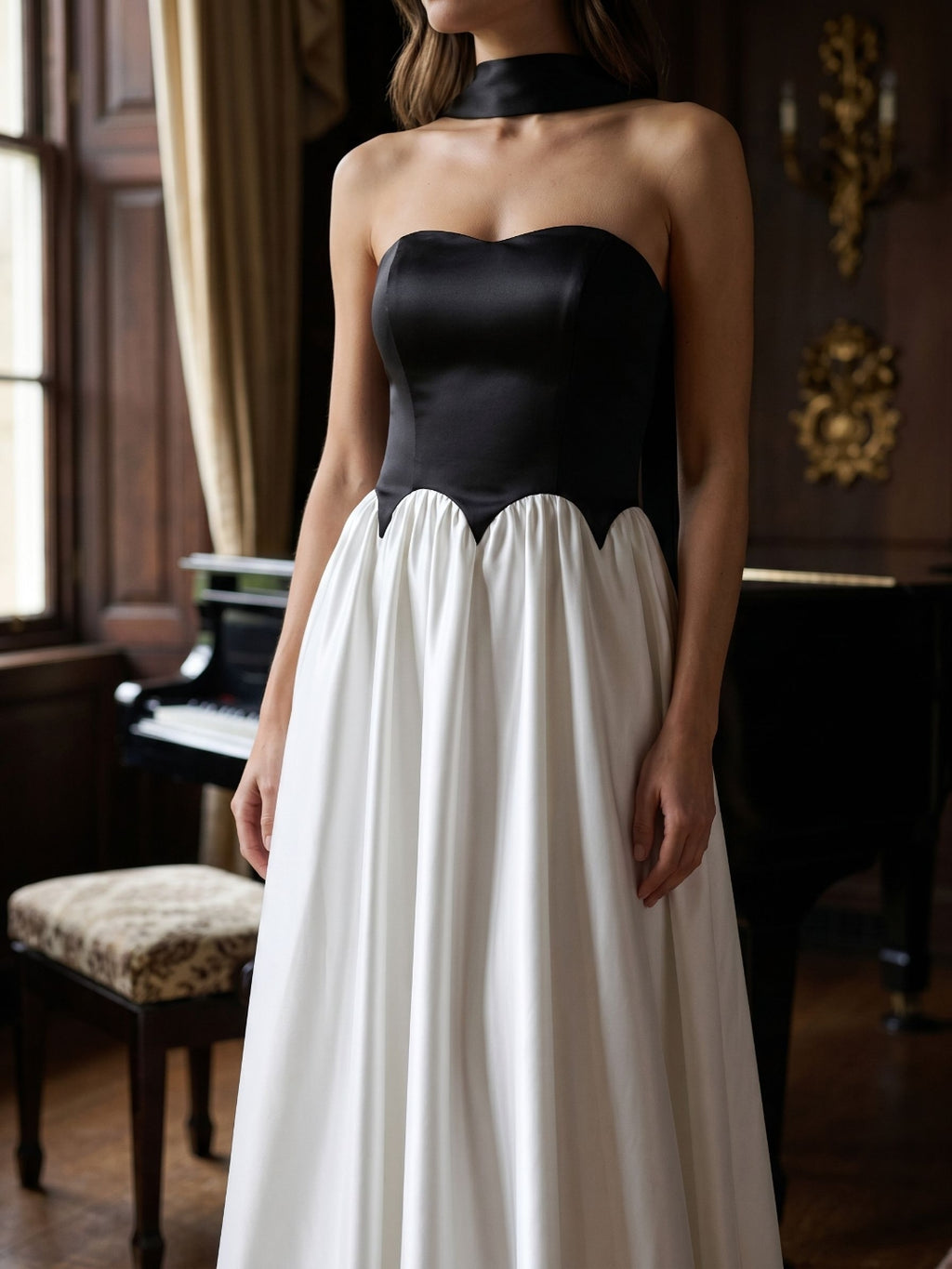 Black Satin A-Line Sweetheart Back Zip Floor-Length Dress