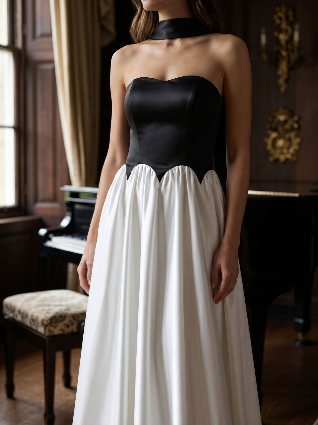Black Satin A-Line Sweetheart Back Zip Floor-Length Dress
