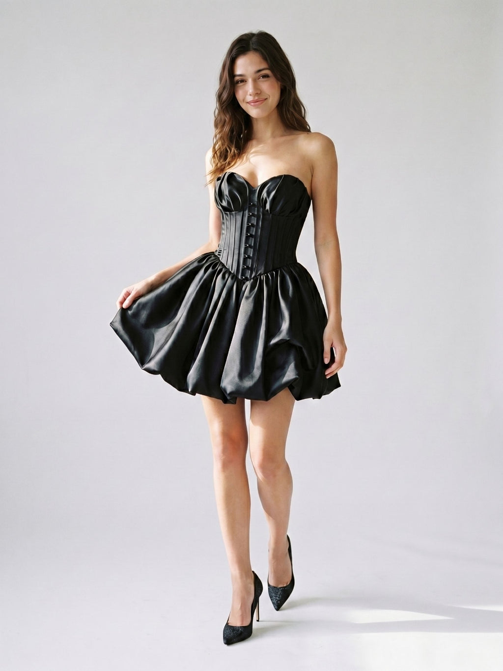 Black Satin A-Line Sweetheart Backless Short Homecoming Dress with Pleating