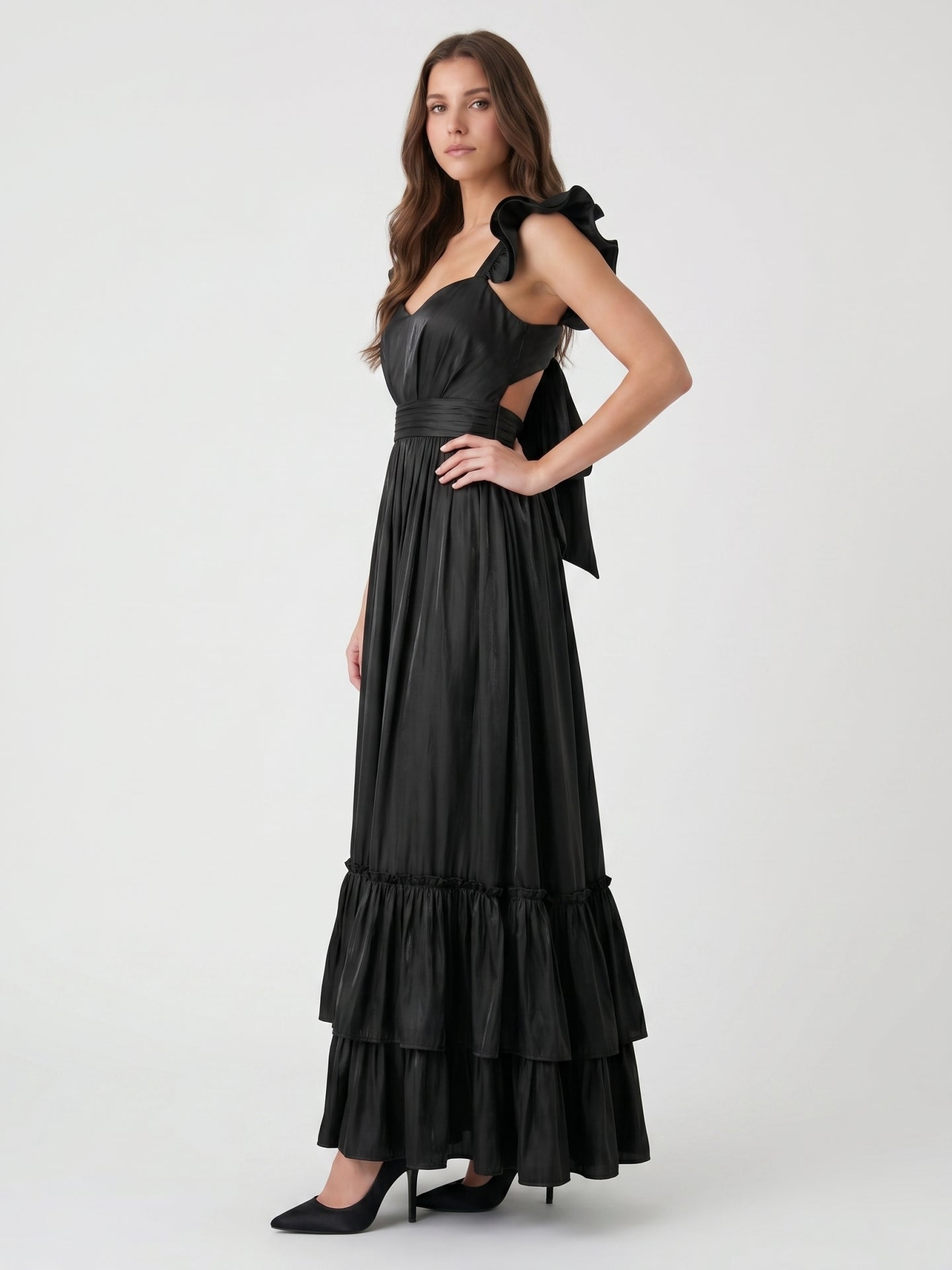 Black Satin A-Line Sweetheart Lace-Up Back Floor-Length Cascading Ruffle Dress