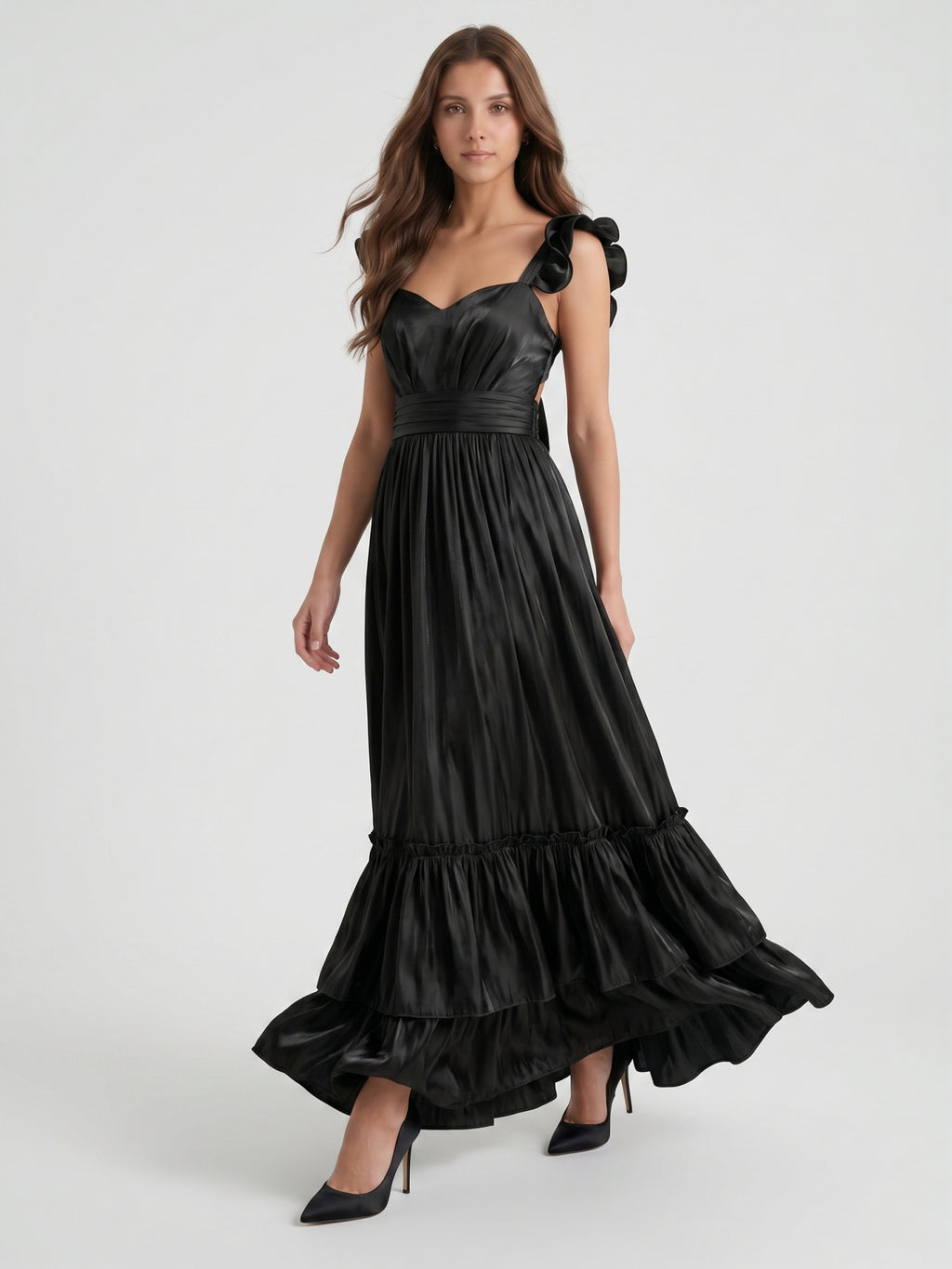 Black Satin A-Line Sweetheart Lace-Up Back Floor-Length Cascading Ruffle Dress