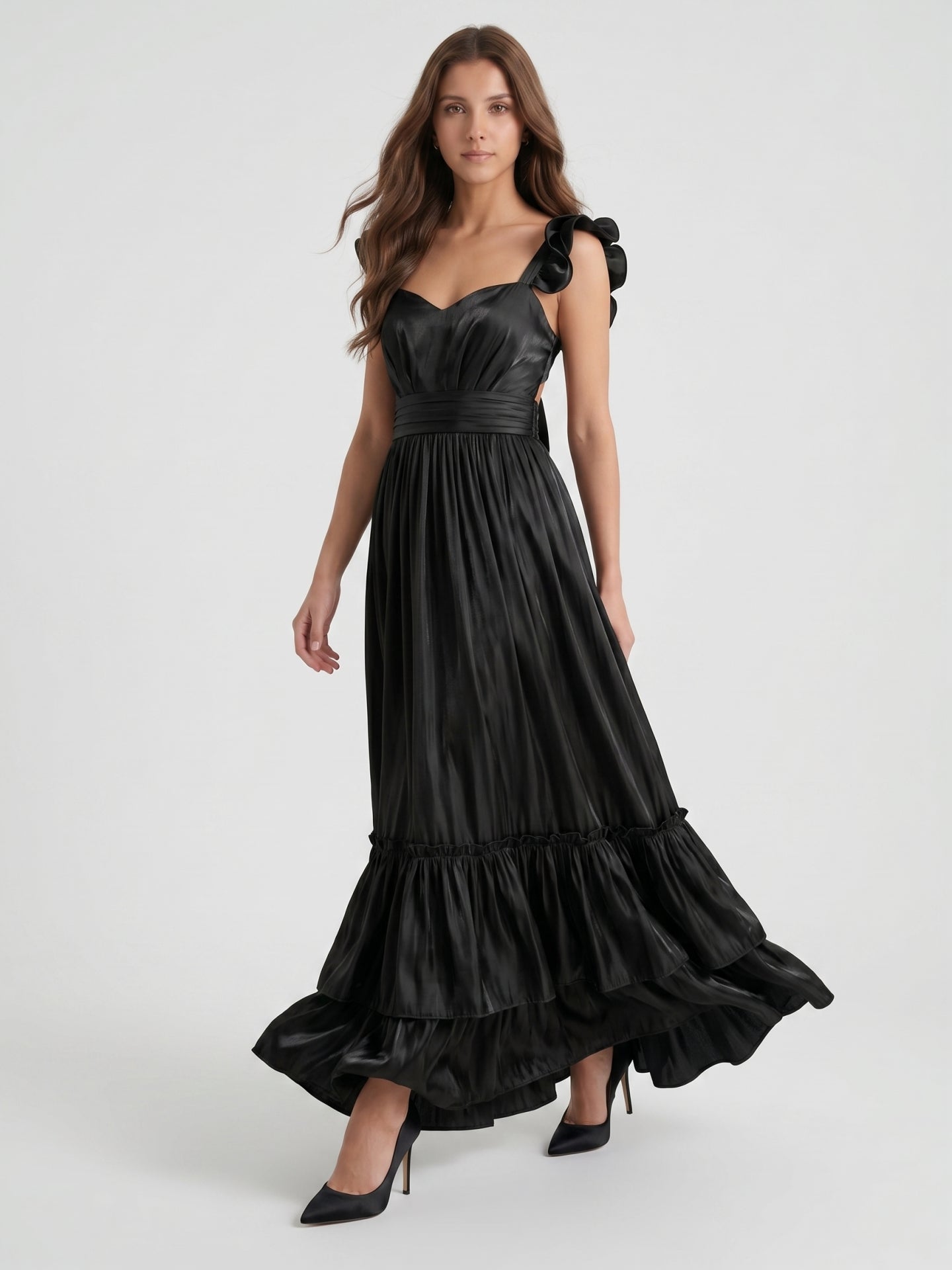 Black Satin A-Line Sweetheart Lace-Up Back Floor-Length Cascading Ruffle Dress