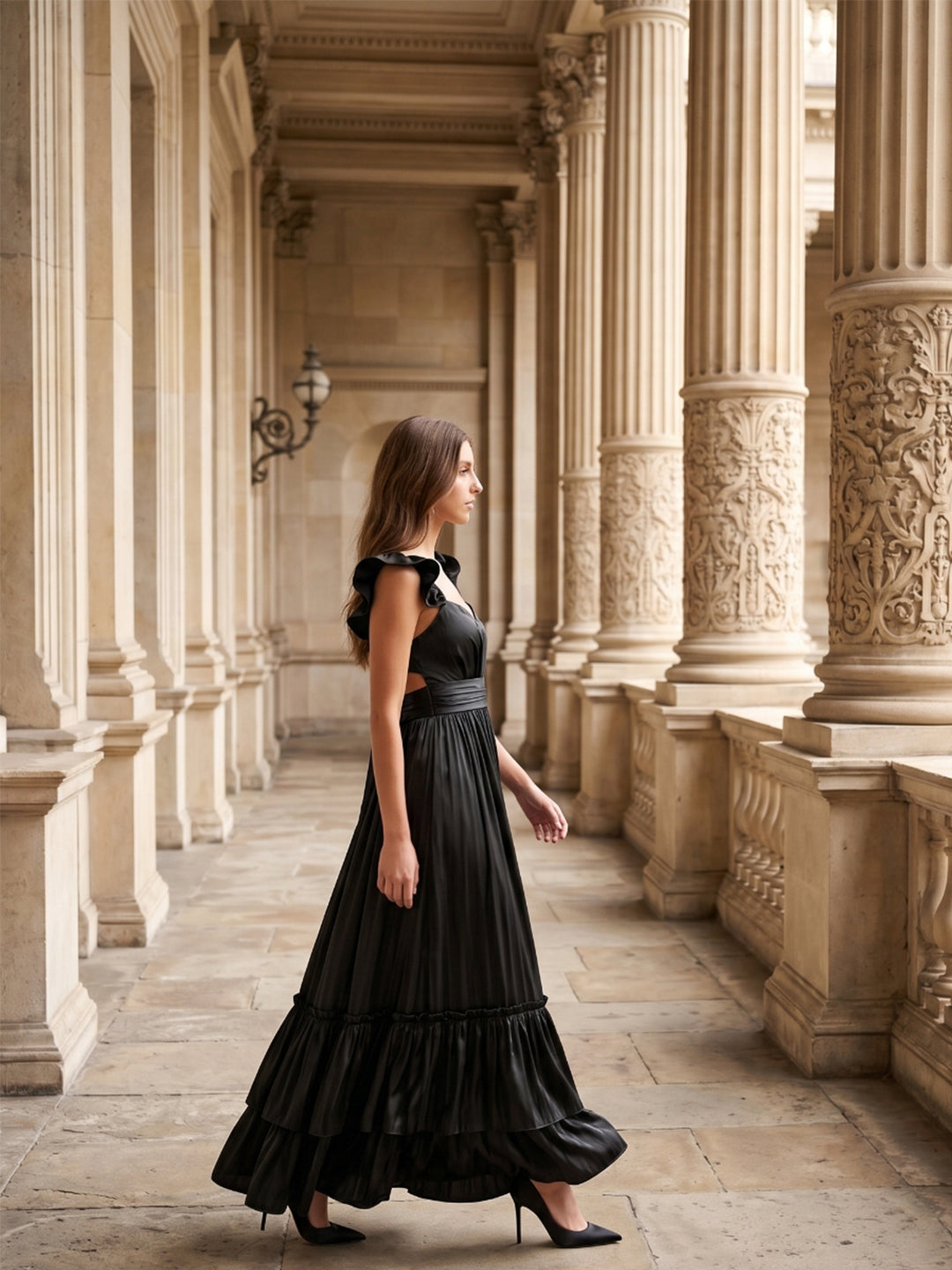 Black Satin A-Line Sweetheart Lace-Up Back Floor-Length Cascading Ruffle Dress