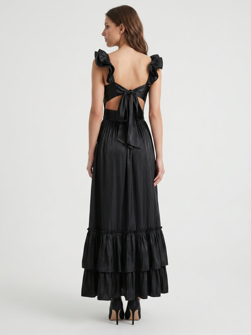 Black Satin A-Line Sweetheart Lace-Up Back Floor-Length Cascading Ruffle Dress