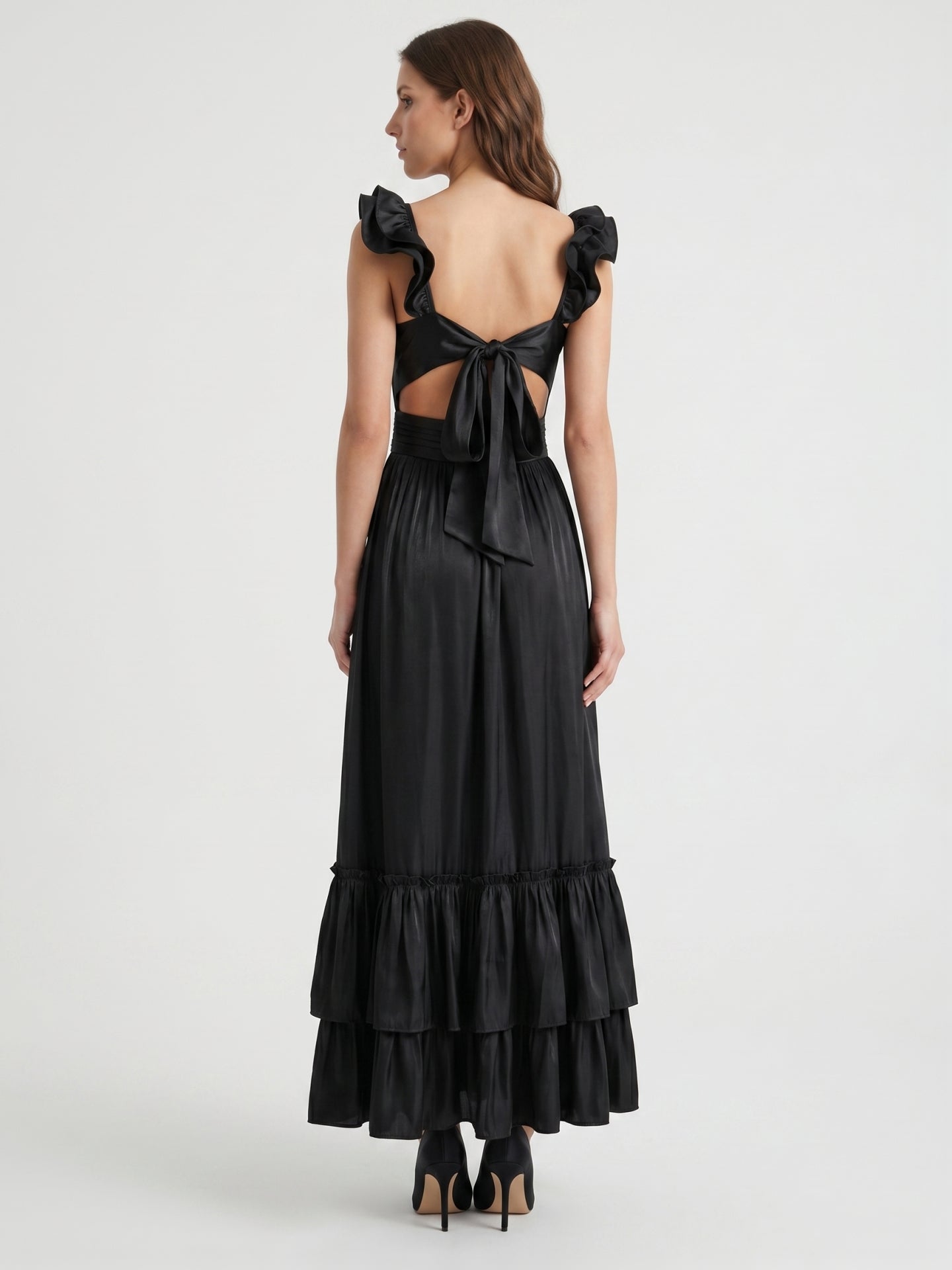 Black Satin A-Line Sweetheart Lace-Up Back Floor-Length Cascading Ruffle Dress