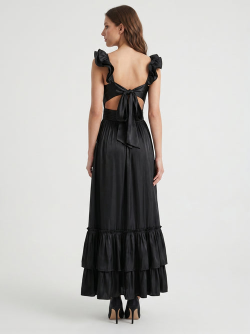Black Satin A-Line Sweetheart Lace-Up Back Floor-Length Cascading Ruffle Dress