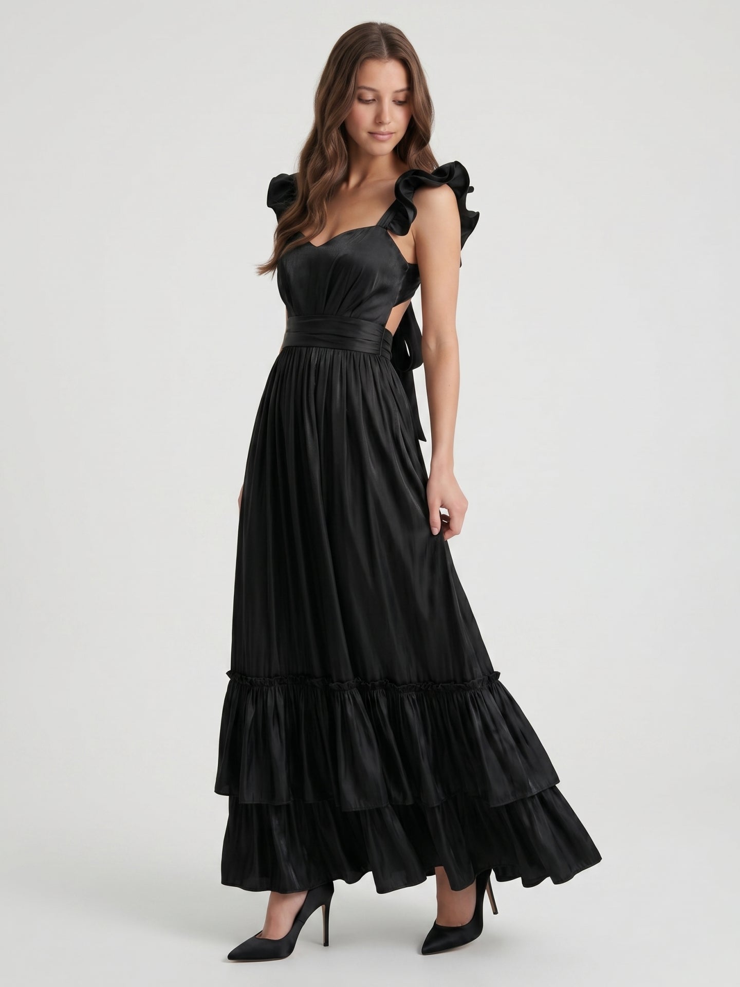 Black Satin A-Line Sweetheart Lace-Up Back Floor-Length Cascading Ruffle Dress