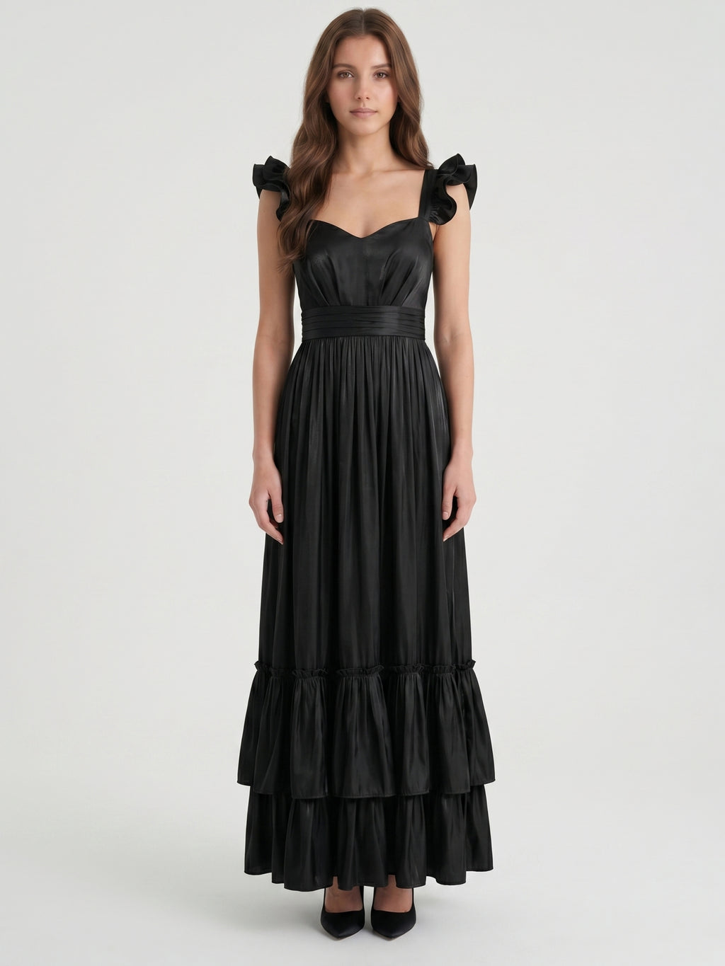 Black Satin A-Line Sweetheart Lace-Up Back Floor-Length Cascading Ruffle Dress
