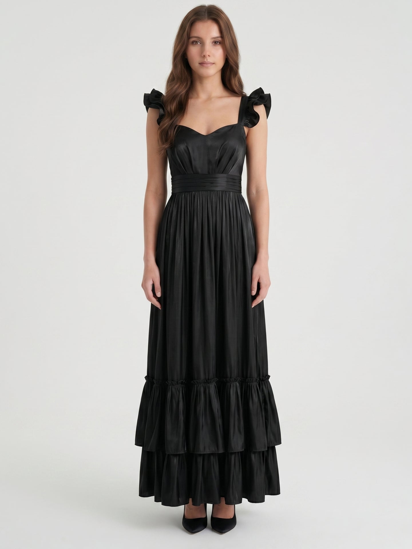 Black Satin A-Line Sweetheart Lace-Up Back Floor-Length Cascading Ruffle Dress