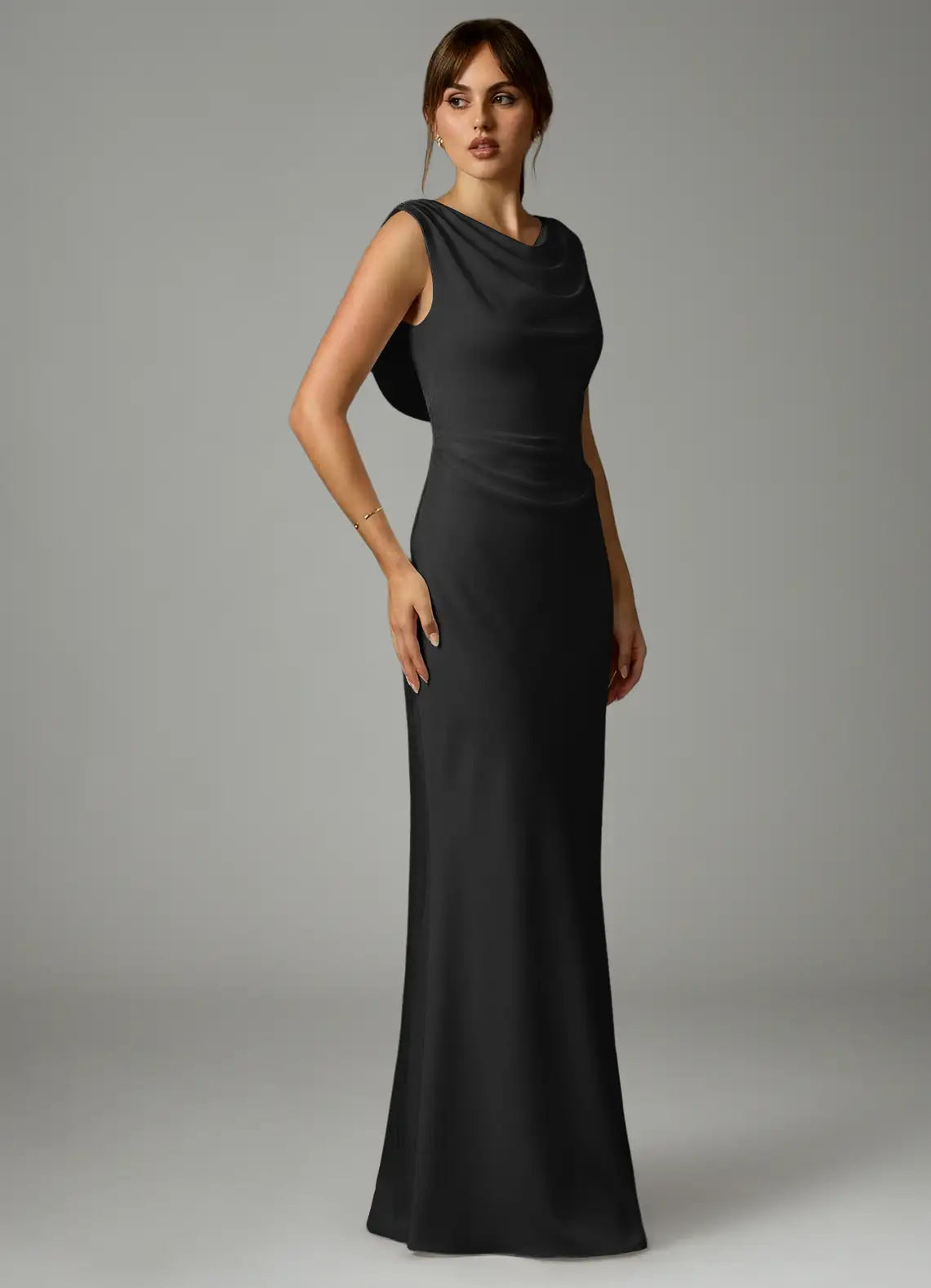 Black Satin Bridesmaid Dress with Cowl Neckline, Draped Back and Ruched Bodice
