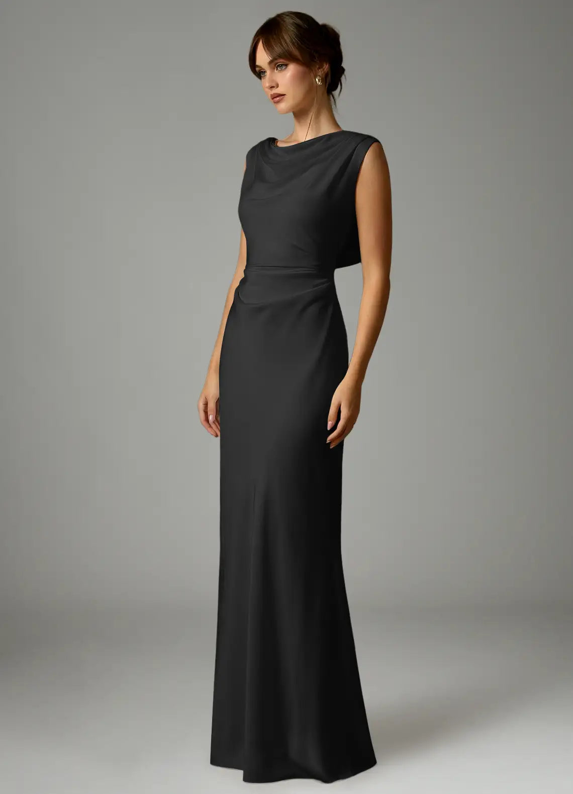 Black Satin Bridesmaid Dress with Cowl Neckline, Draped Back and Ruched Bodice