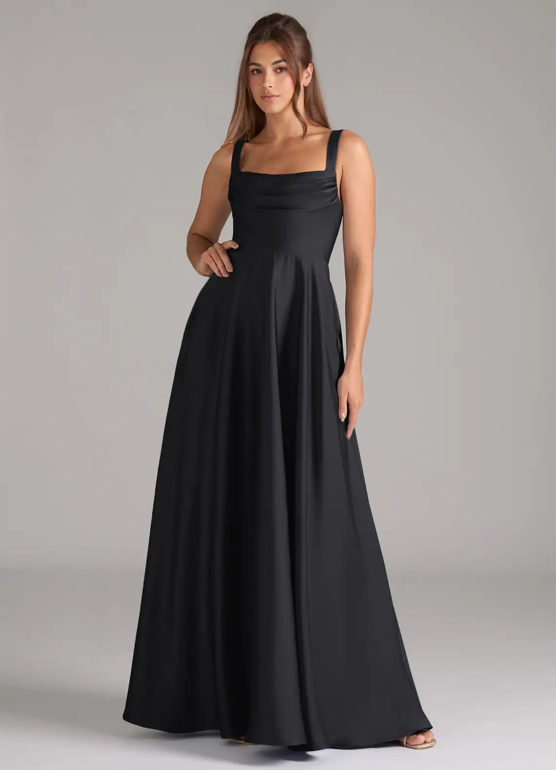 Black Satin Bridesmaid Dress with Square Neckline, Ruched Bodice and Side Pockets