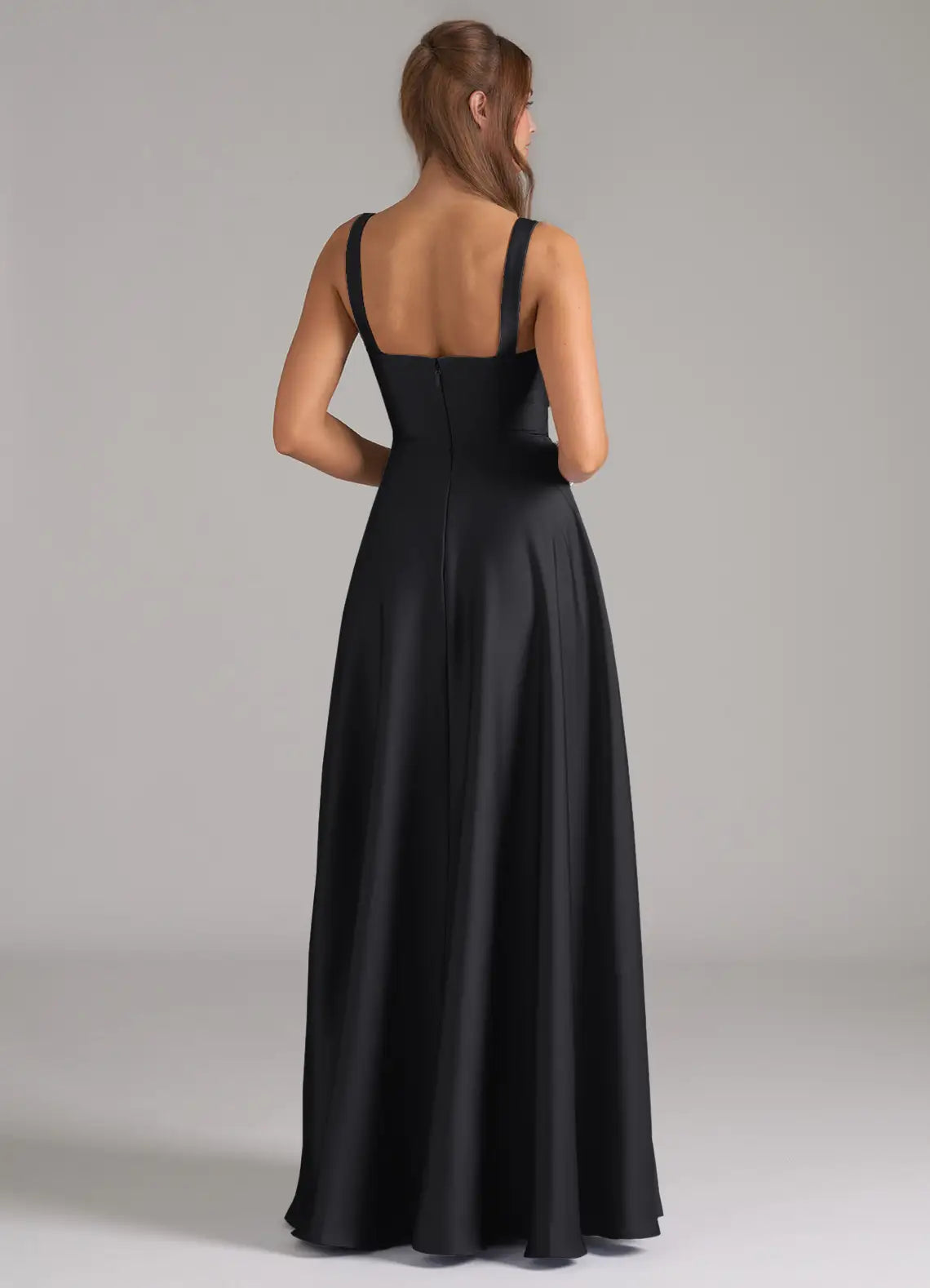 Black Satin Bridesmaid Dress with Square Neckline, Ruched Bodice and Side Pockets