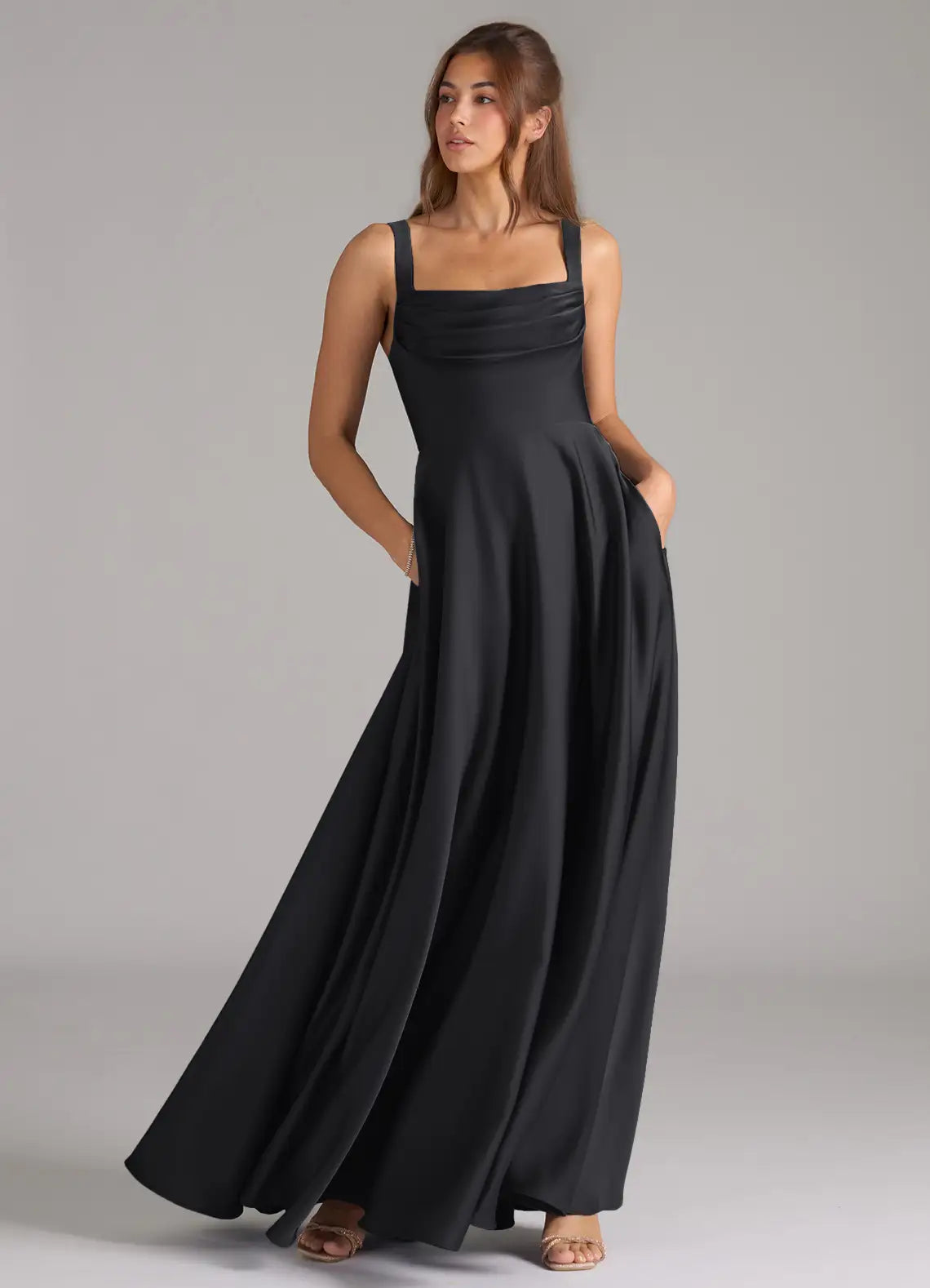 Black Satin Bridesmaid Dress with Square Neckline, Ruched Bodice and Side Pockets