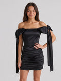 Black Satin Column Off-the-Shoulder Back Zip Short Homecoming Dress with Pleating