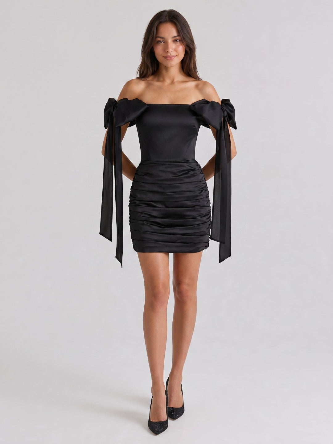 Black Satin Column Off-the-Shoulder Back Zip Short Homecoming Dress with Pleating