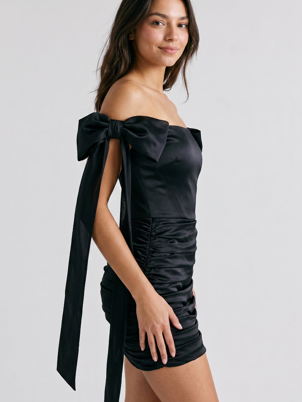 Black Satin Column Off-the-Shoulder Back Zip Short Homecoming Dress with Pleating