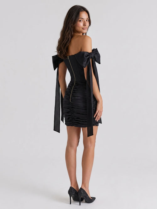 Black Satin Column Off-the-Shoulder Back Zip Short Homecoming Dress with Pleating