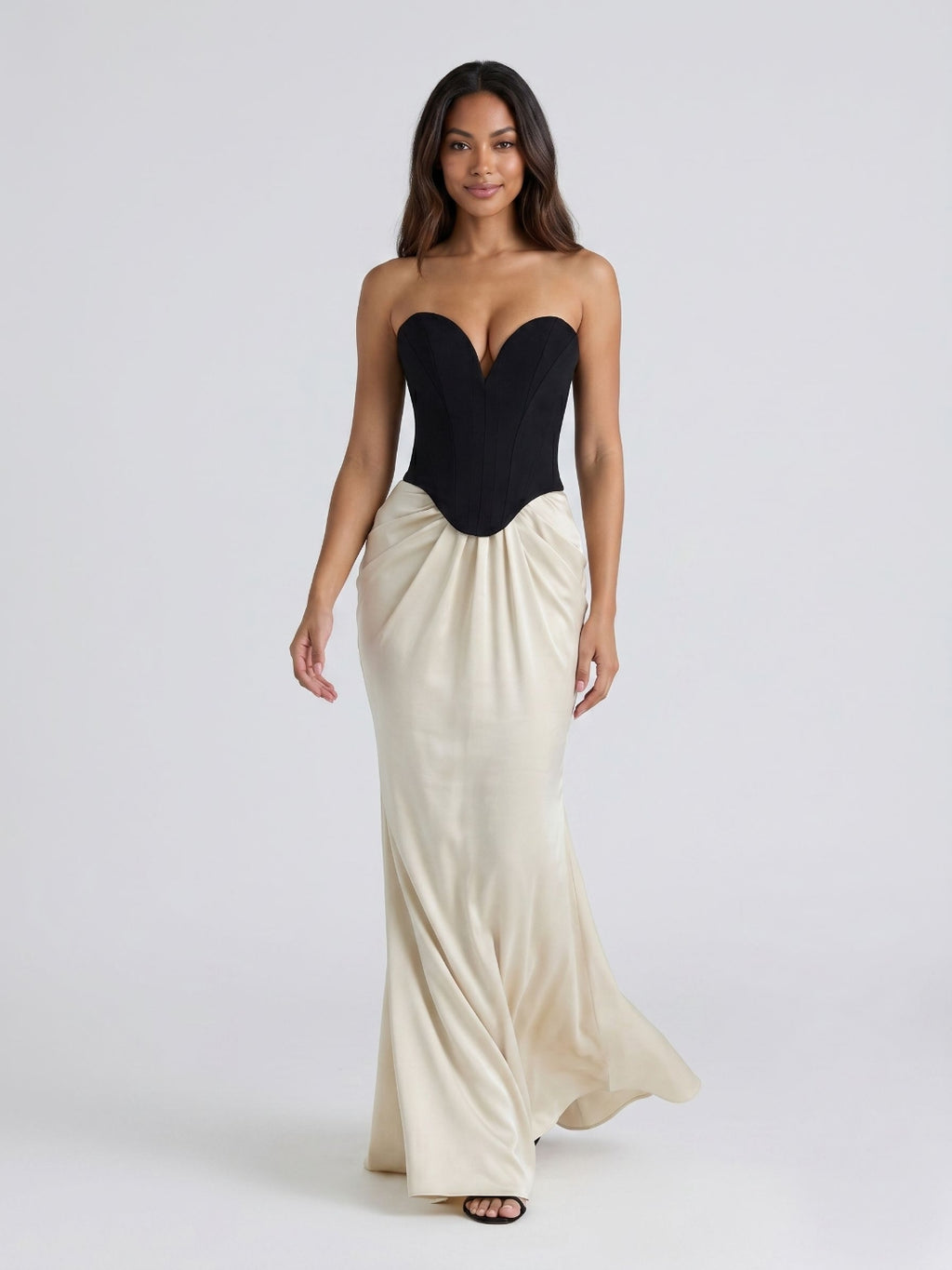 Black Satin Column V-Neck Corset Back Floor-Length Birthday Dress