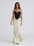 Black Satin Column V-Neck Corset Back Floor-Length Birthday Dress