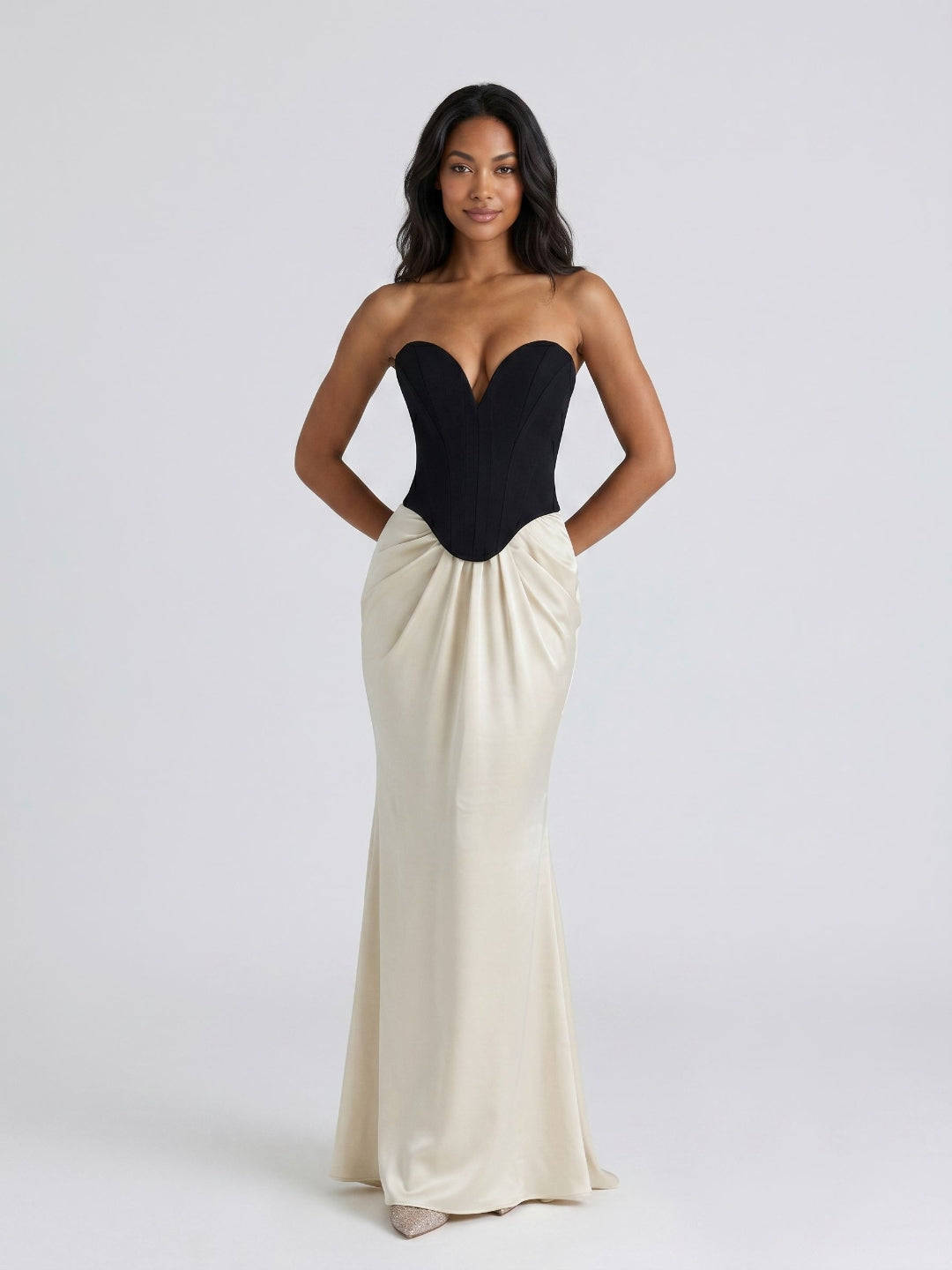 Black Satin Column V-Neck Corset Back Floor-Length Birthday Dress