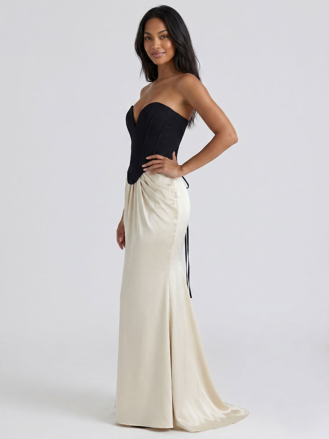Black Satin Column V-Neck Corset Back Floor-Length Birthday Dress