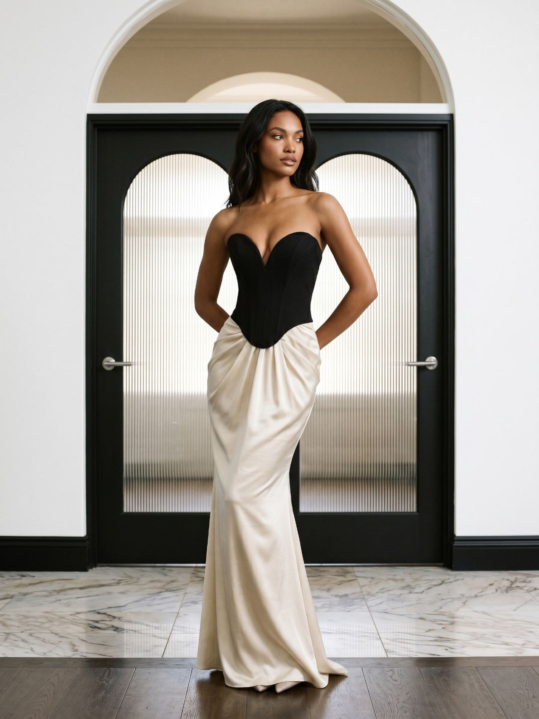 Black Satin Column V-Neck Corset Back Floor-Length Birthday Dress