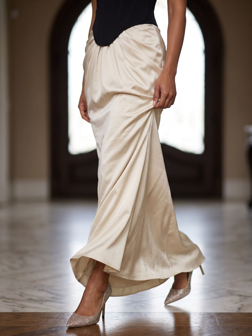Black Satin Column V-Neck Corset Back Floor-Length Birthday Dress