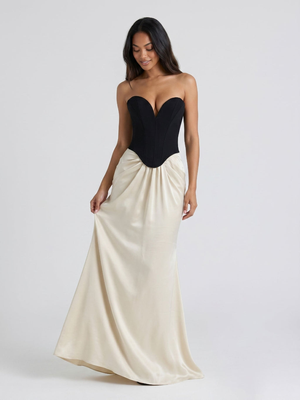 Black Satin Column V-Neck Corset Back Floor-Length Birthday Dress