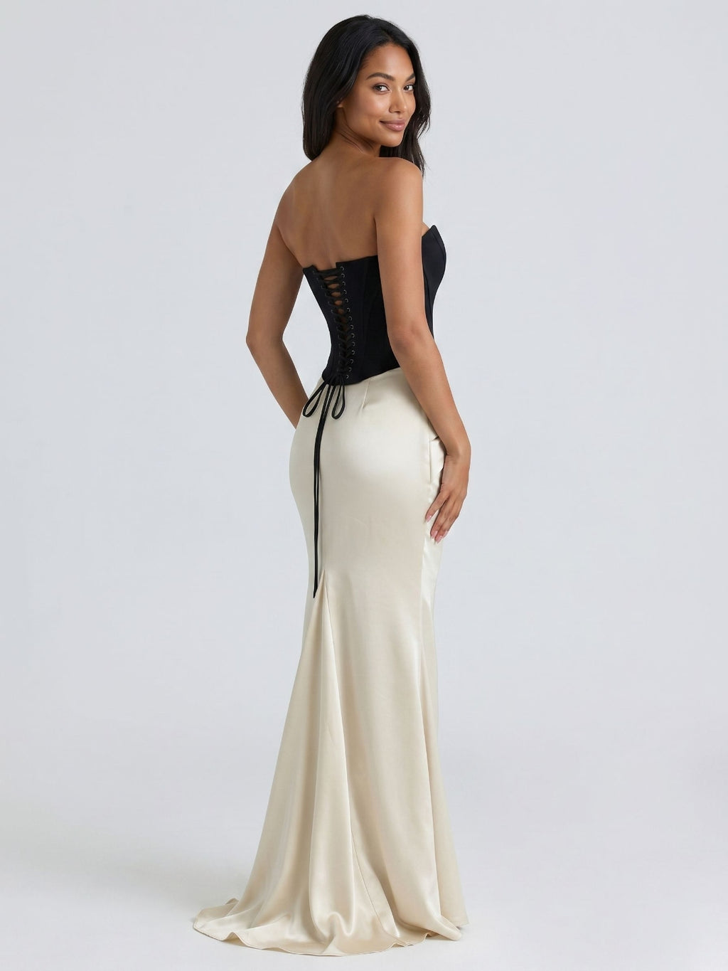 Black Satin Column V-Neck Corset Back Floor-Length Birthday Dress