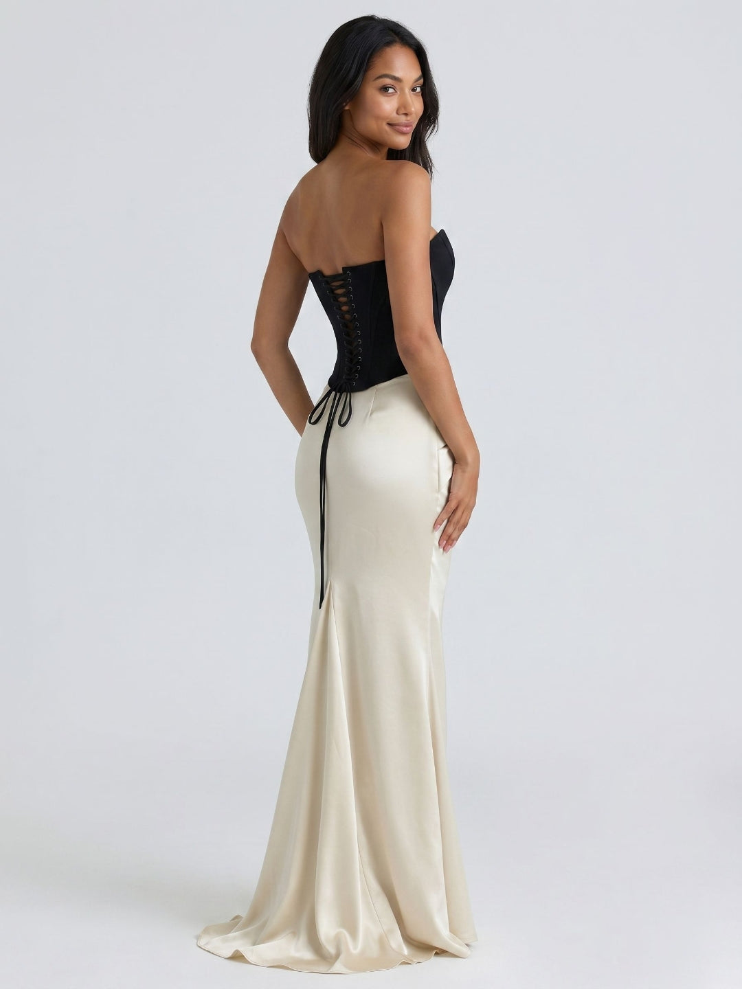 Black Satin Column V-Neck Corset Back Floor-Length Birthday Dress