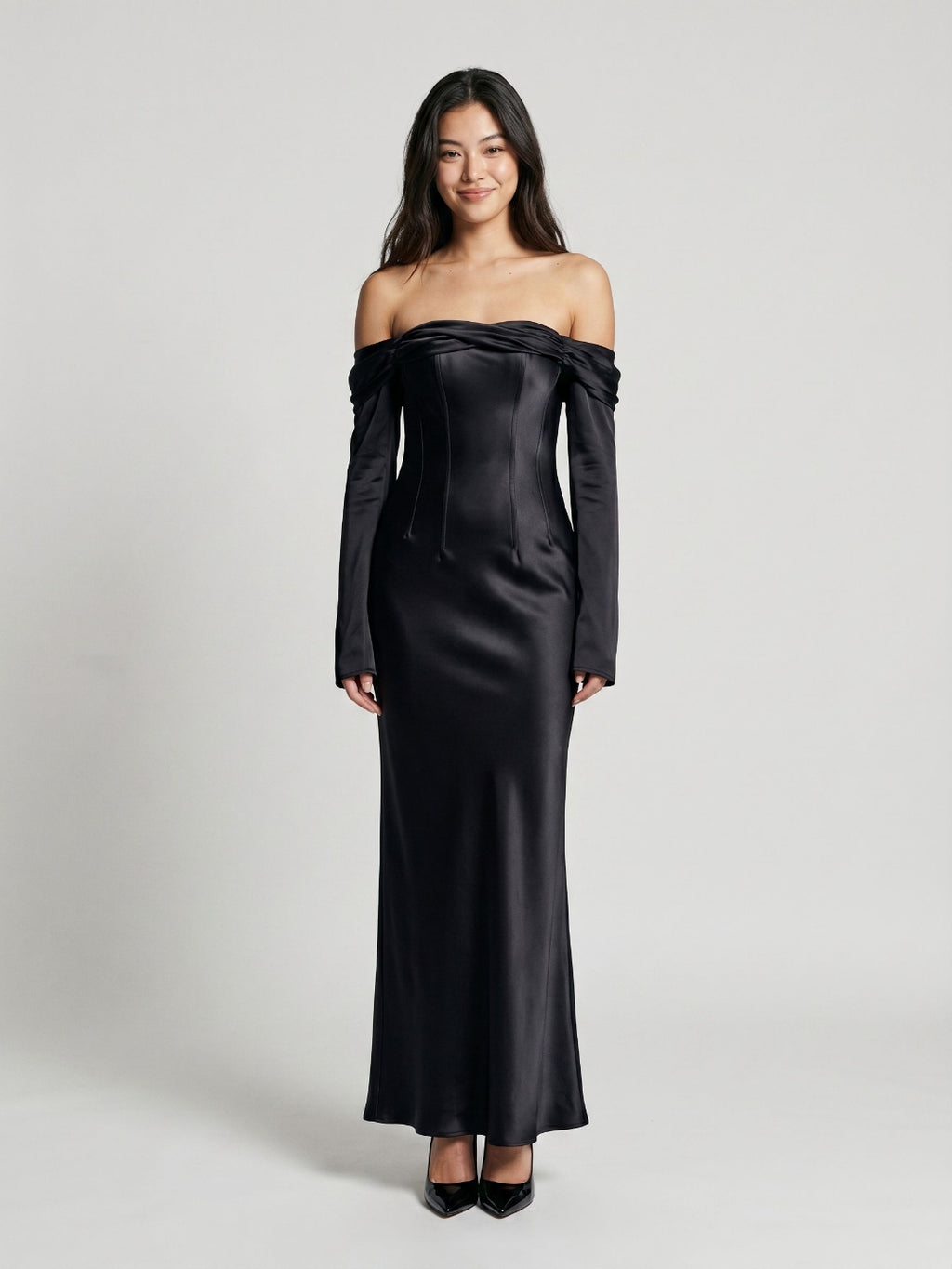 Black Satin Sheath Cowl Neck Backless Floor-Length Formal Dress with Pleating