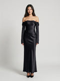 Black Satin Sheath Cowl Neck Backless Floor-Length Formal Dress with Pleating