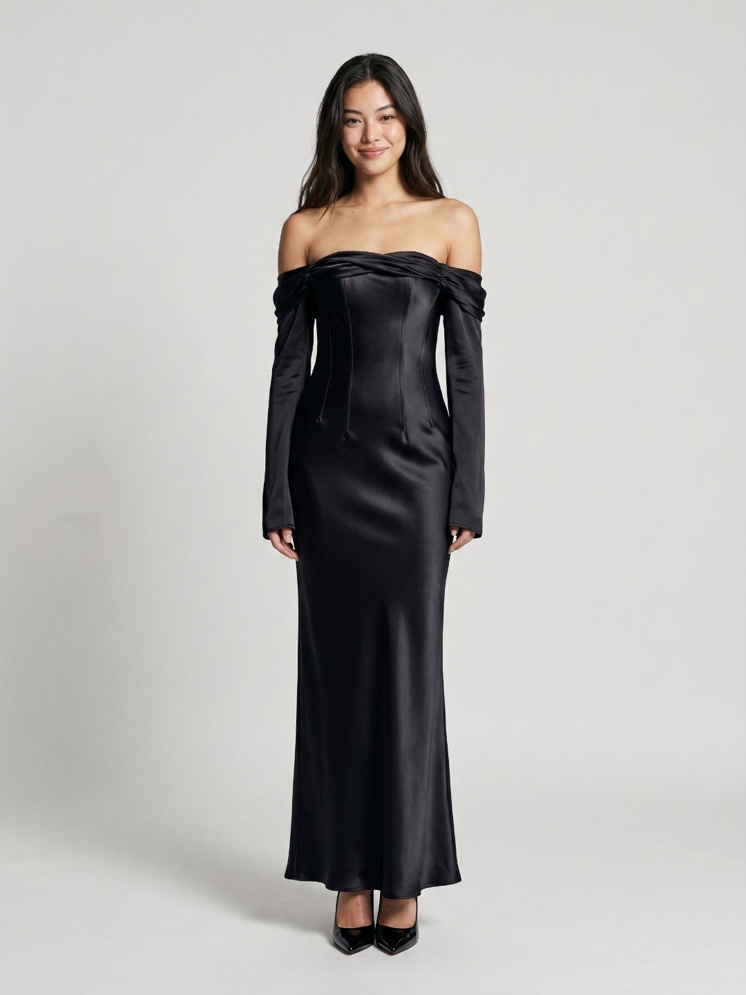Black Satin Sheath Cowl Neck Backless Floor-Length Formal Dress with Pleating