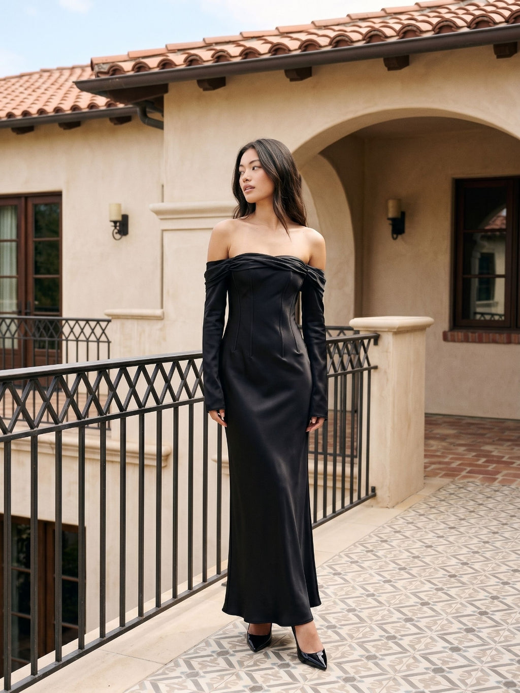Black Satin Sheath Cowl Neck Backless Floor-Length Formal Dress with Pleating