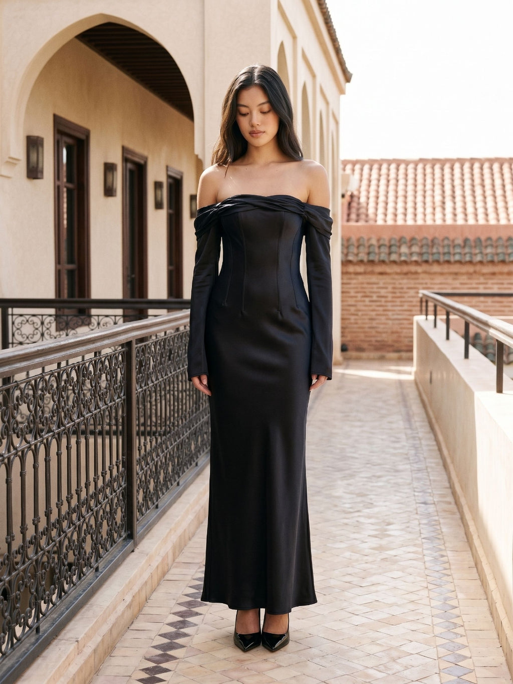 Black Satin Sheath Cowl Neck Backless Floor-Length Formal Dress with Pleating